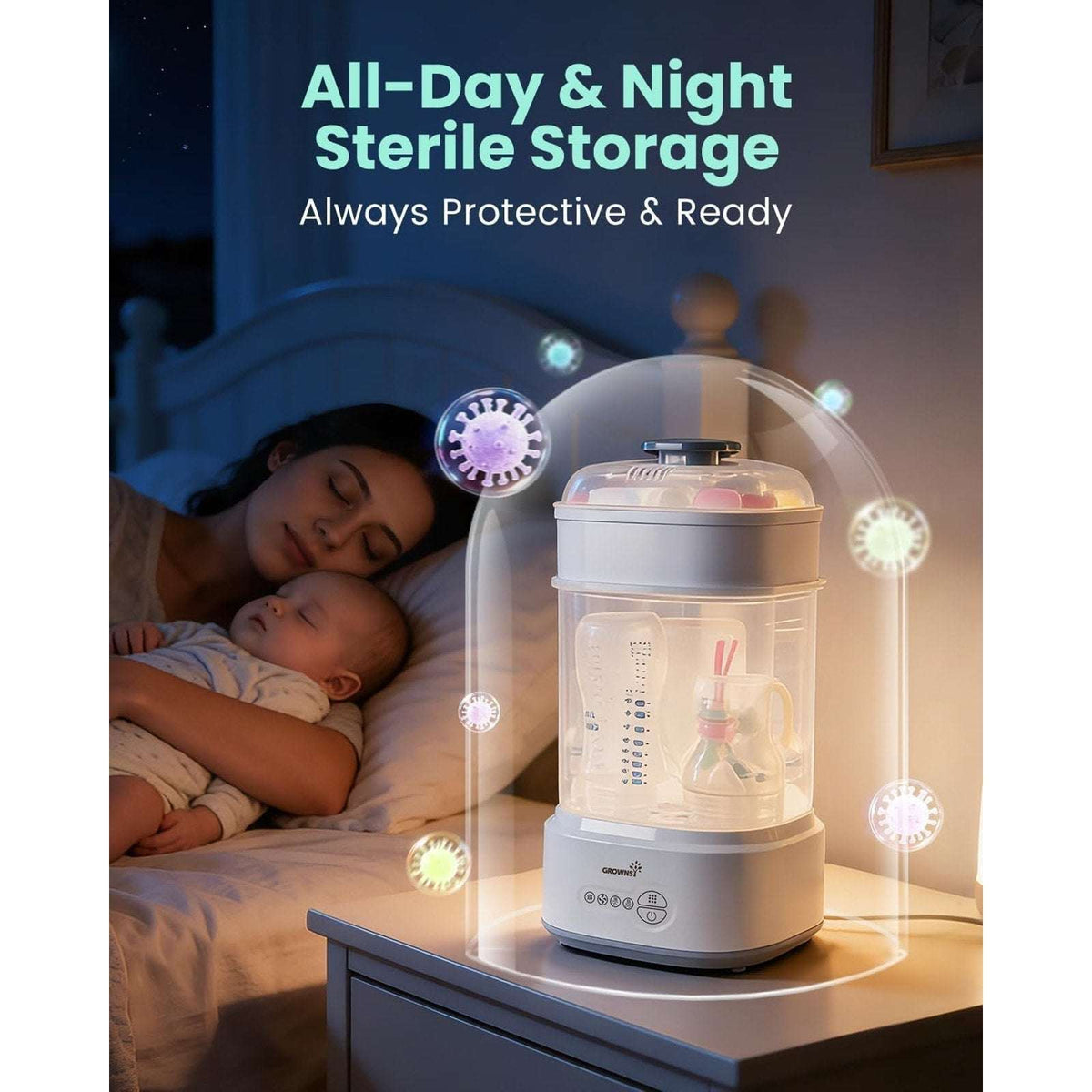 Grownsy Bottle Sterilizer and Dryer Model LS-BE916, Compact Electric Steam Baby