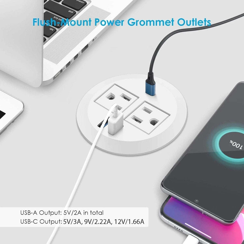 3" Recessed Desktop High-Speed Power Grommet Charging Station 2 Outlets & 3 USB