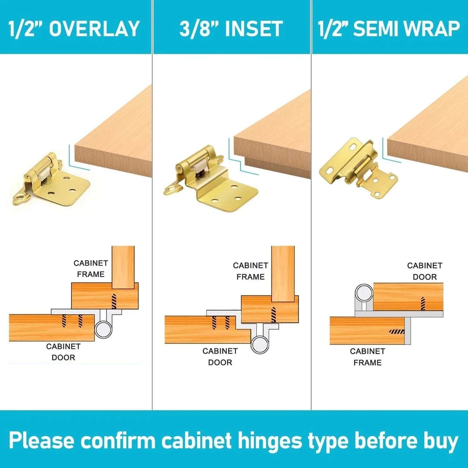 Donanim 1/2 Overlay Semi Wrap Self Closing Cabinet Hinges Brass Gold 28 Pair/56