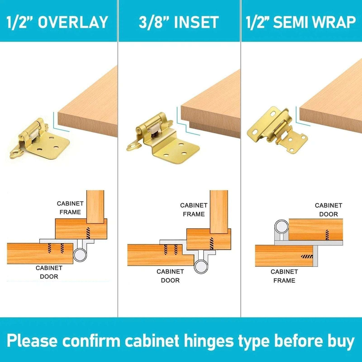 Donanim 1/2 Overlay Semi Wrap Self Closing Cabinet Hinges Brass Gold 28 Pair/56