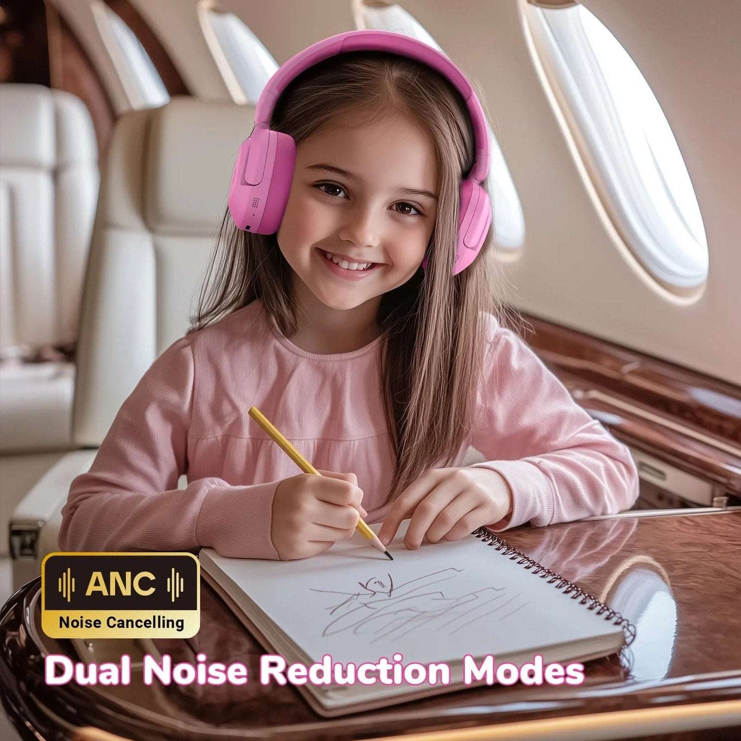 iClever BTH20 Active Noise Cancelling Headphones for Kids, 60H Play Time, Pink