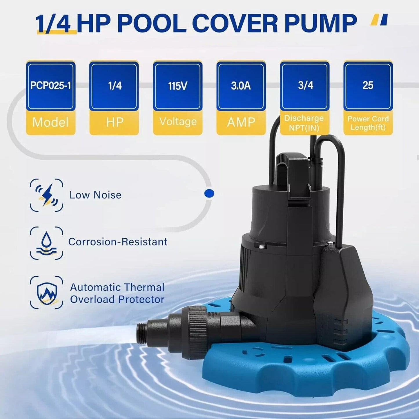 Acquaer Automatic Swimming Pool Cover Pump 1/4 HP 2250 GPH Submersible Auto On