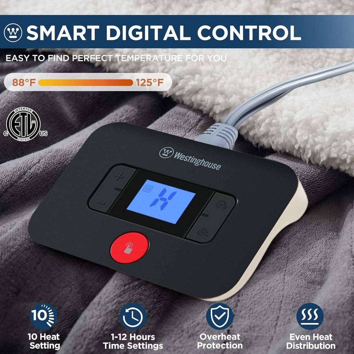 Westinghouse Electric Heating Blanket Silky Flannel & Sherpa Twin Size Charcoal