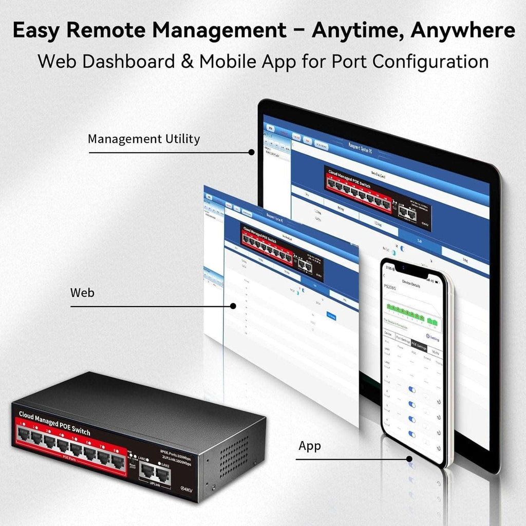 STEAMEMO 10-Port Cloud Managed PoE+ Switch 8 PoE+ Ports @120W & 2 Uplink Ports