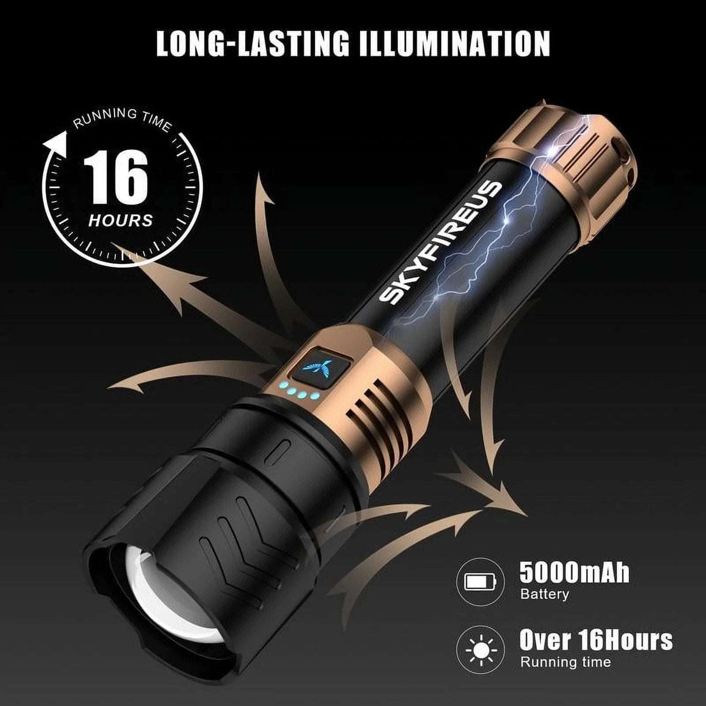 SKYFIRE LED Flashlight 2000lm Rechargeable Zoom Waterproof w/ FIRE STARTER Lens