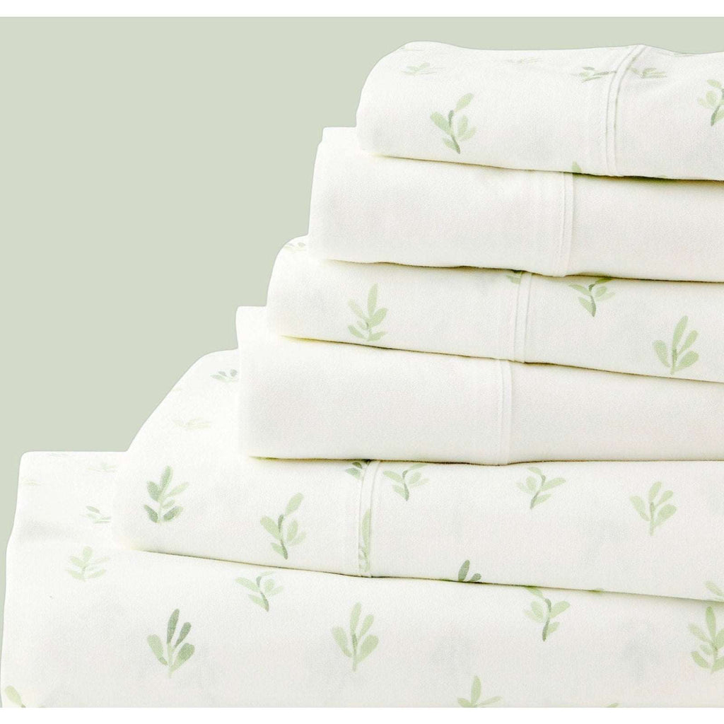 The Big One Queen Sheet Set 6PC Deep Fit Brushed Cotton Foliage White & Green
