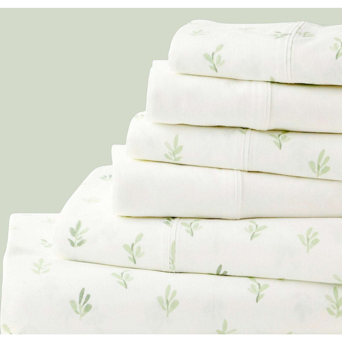 The Big One Queen Sheet Set 6PC Deep Fit Brushed Cotton Foliage White & Green