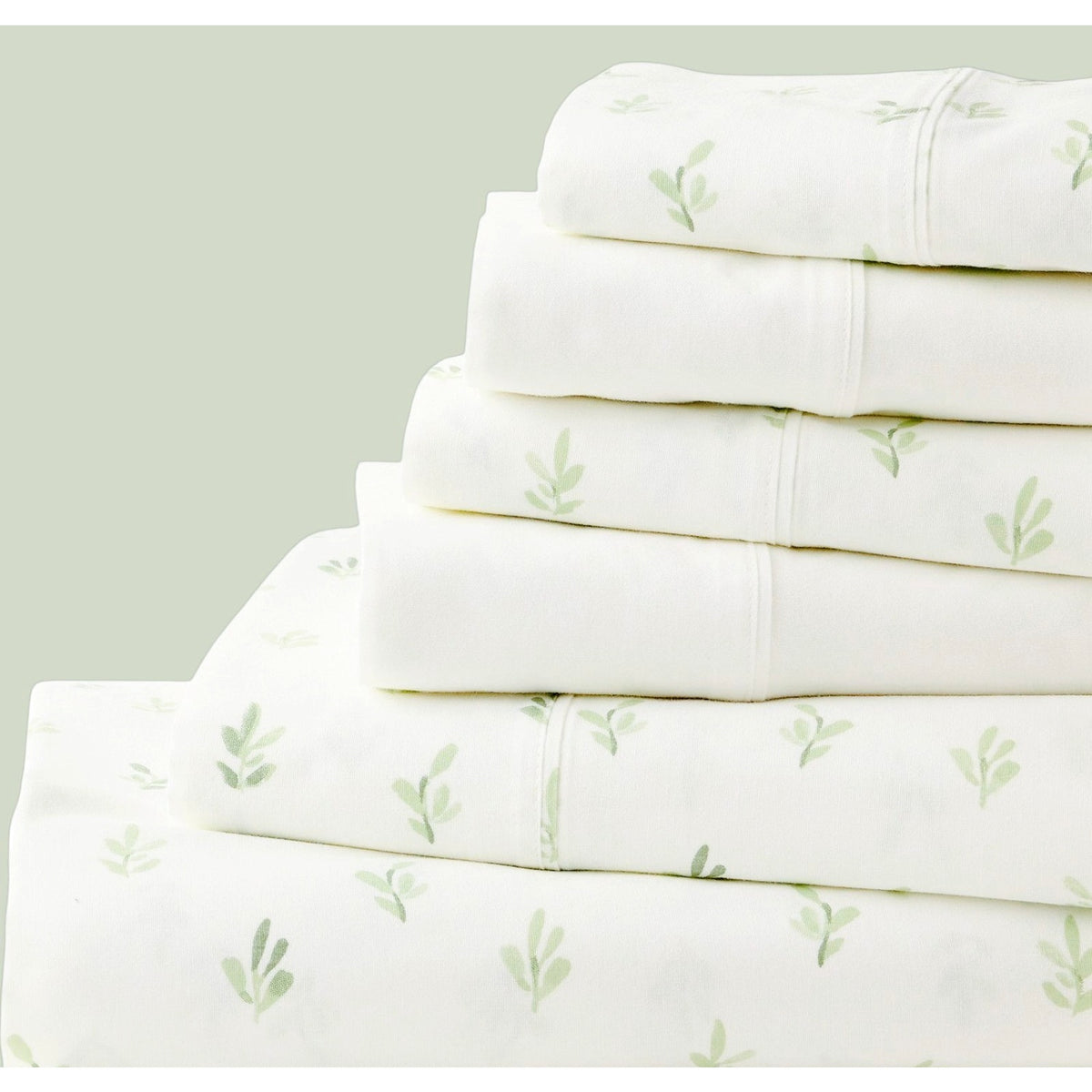 The Big One Queen Sheet Set 6PC Deep Fit Brushed Cotton Foliage White & Green