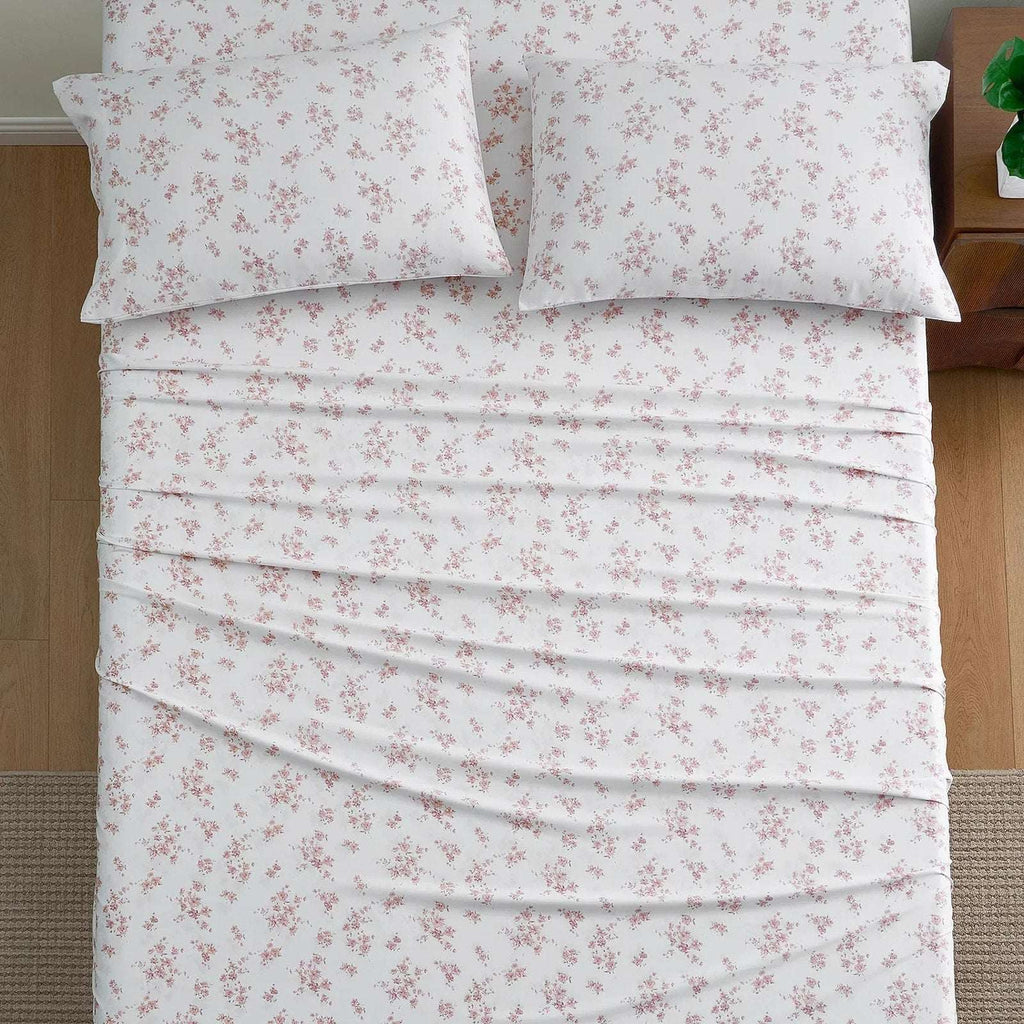BEARPAW Serene Cooling Queen Sz Sheet Set Morris Dainty Floral Blush Pink/White