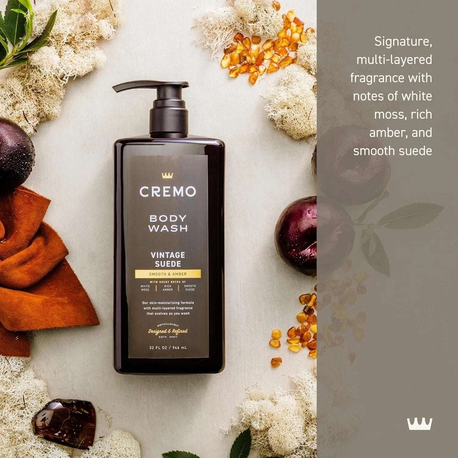 Cremo Vintage Suede Smooth & Amber Moisturizing Body Wash for Men, 32 FL Oz