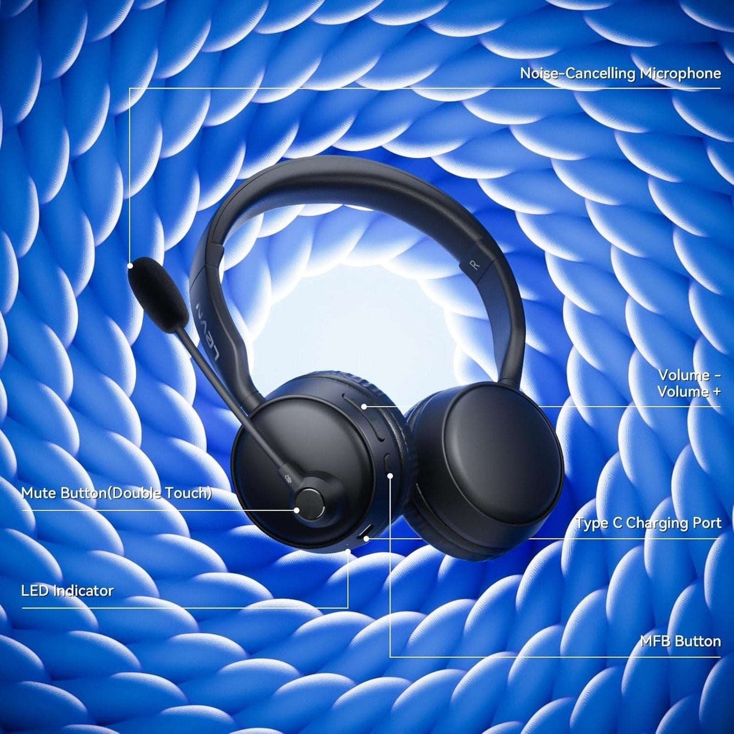 LEVN Bluetooth Headset w/ Microphone, Ai Noise Cancelling Dual Connection CT003