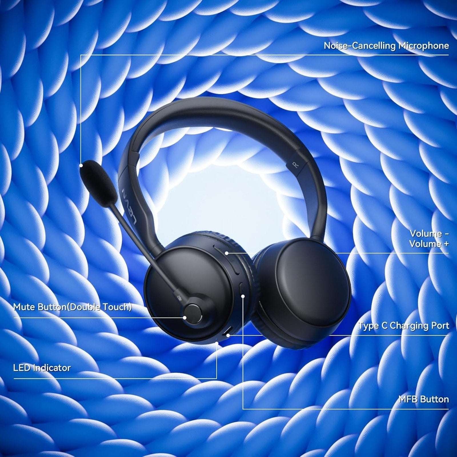LEVN Bluetooth Headset w/ Microphone, Ai Noise Cancelling Dual Connection CT003