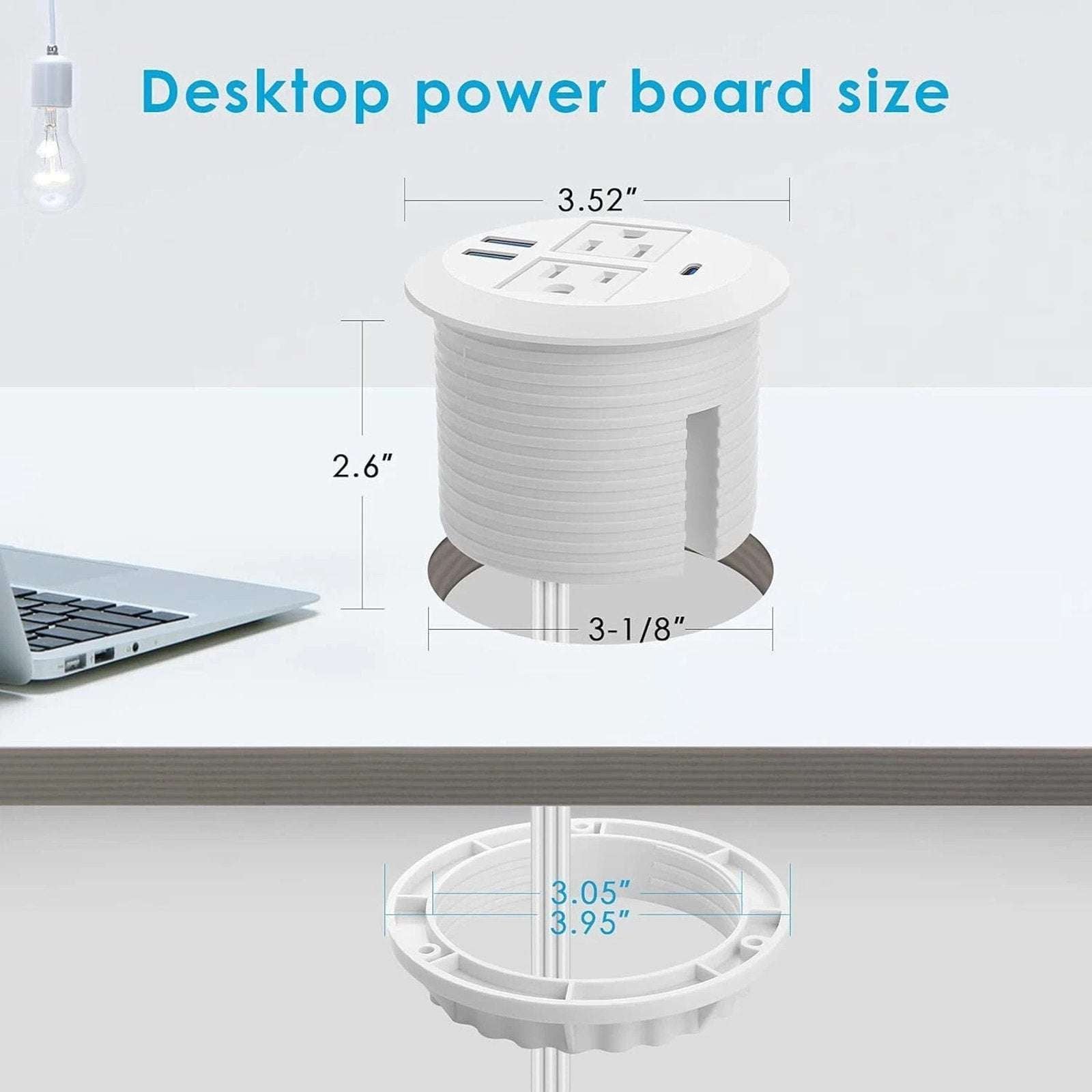 3" Recessed Desktop High-Speed Power Grommet Charging Station 2 Outlets & 3 USB