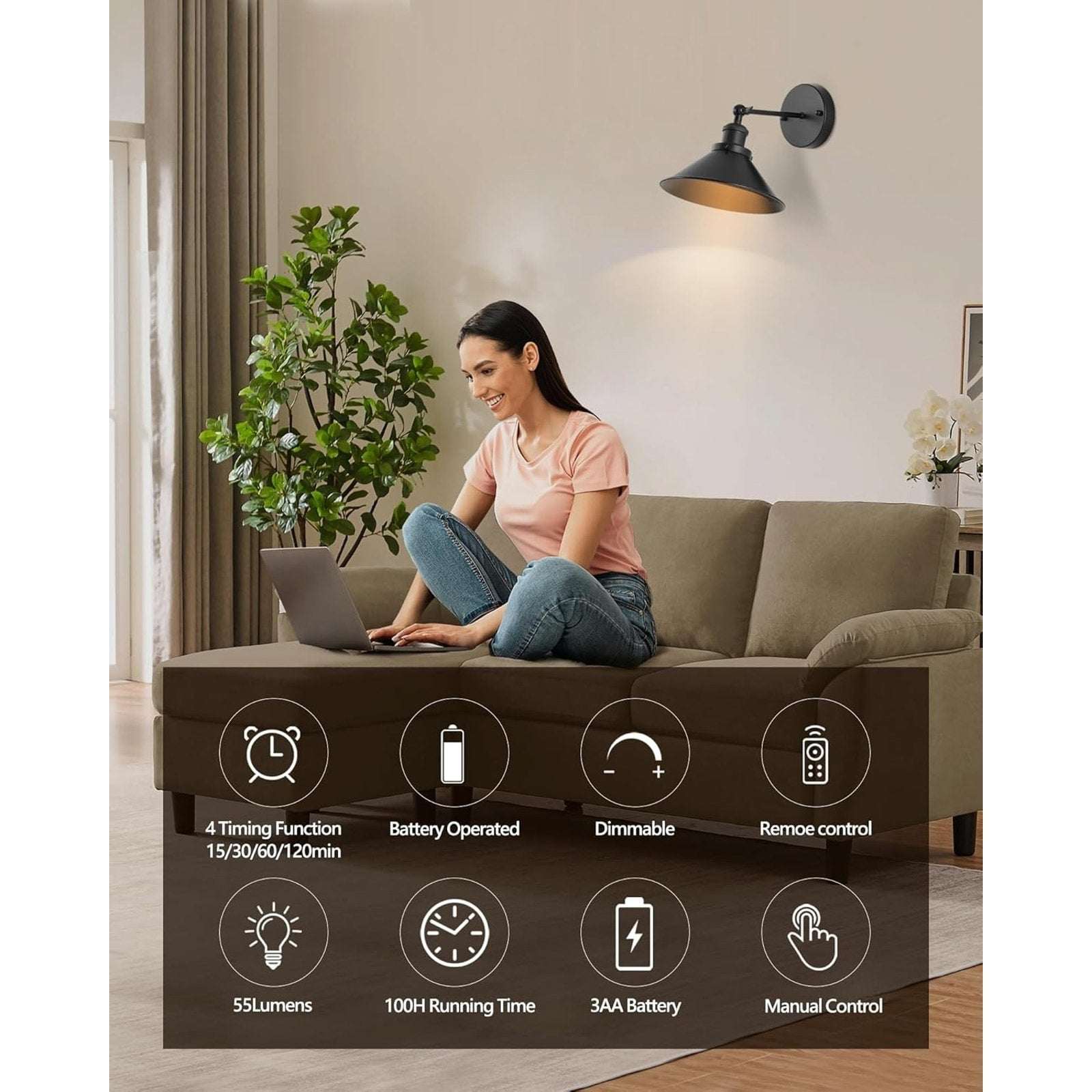 2Pk Black Rustic Wireless Battery Operated Wall Sconces Light Fixtures w/ Remote