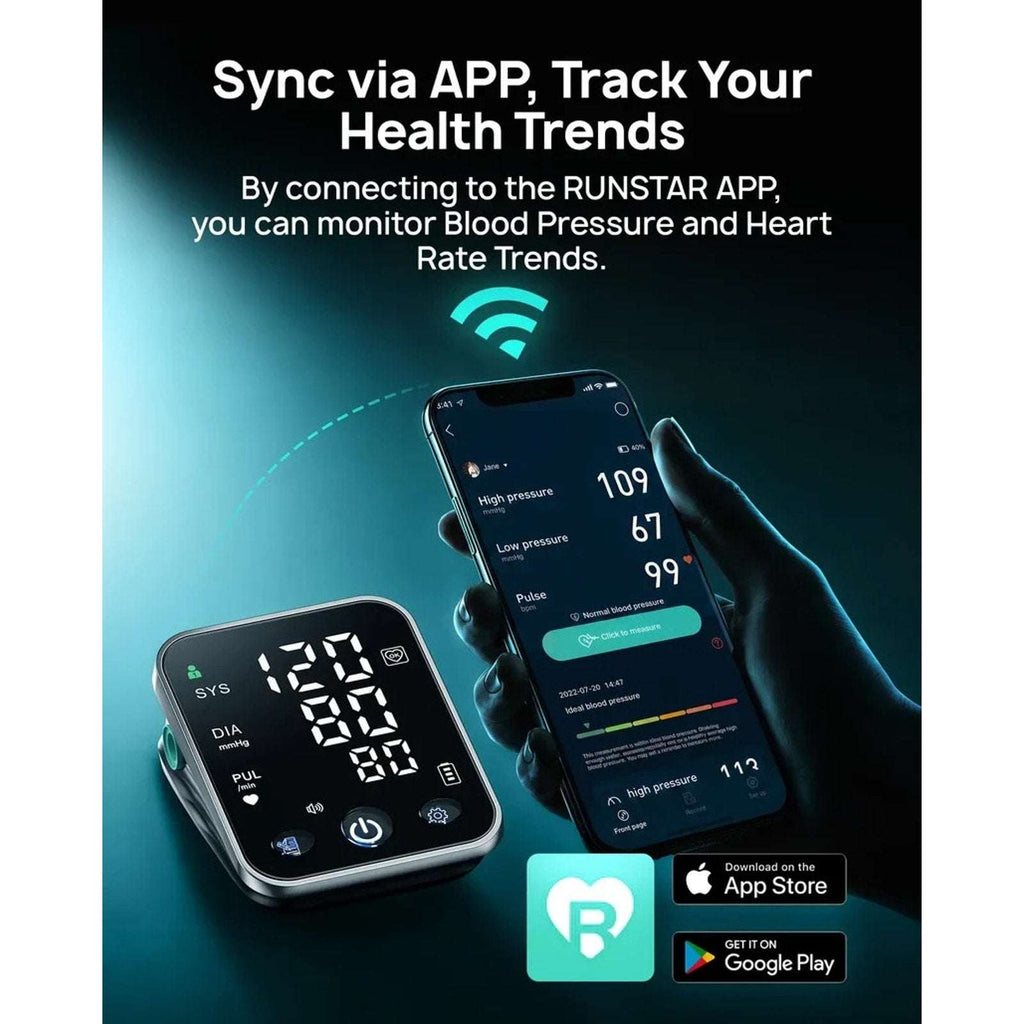 RunStar Smart Blood Pressure Monitor w/ 8.6"-16.5" Upper Arm BP Cuff, Dual Users