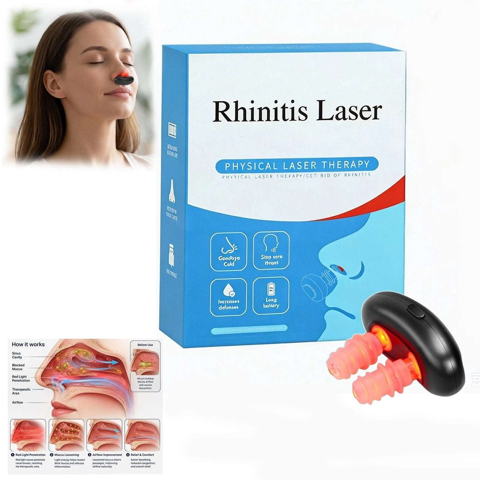 Red Light Nasal Therapy Device, 3 Modes Rechargeable for Dry Nose, Colds & Sinus