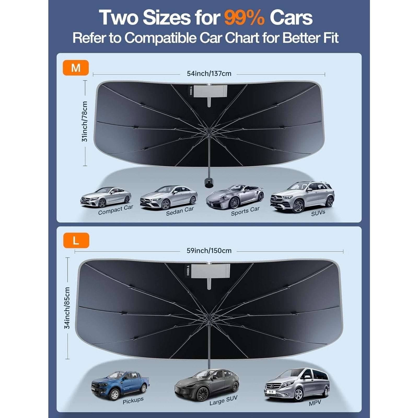 TORRAS Car Windshield Sun Shade Umbrella w Organizer - Universal Beige Blocks UV