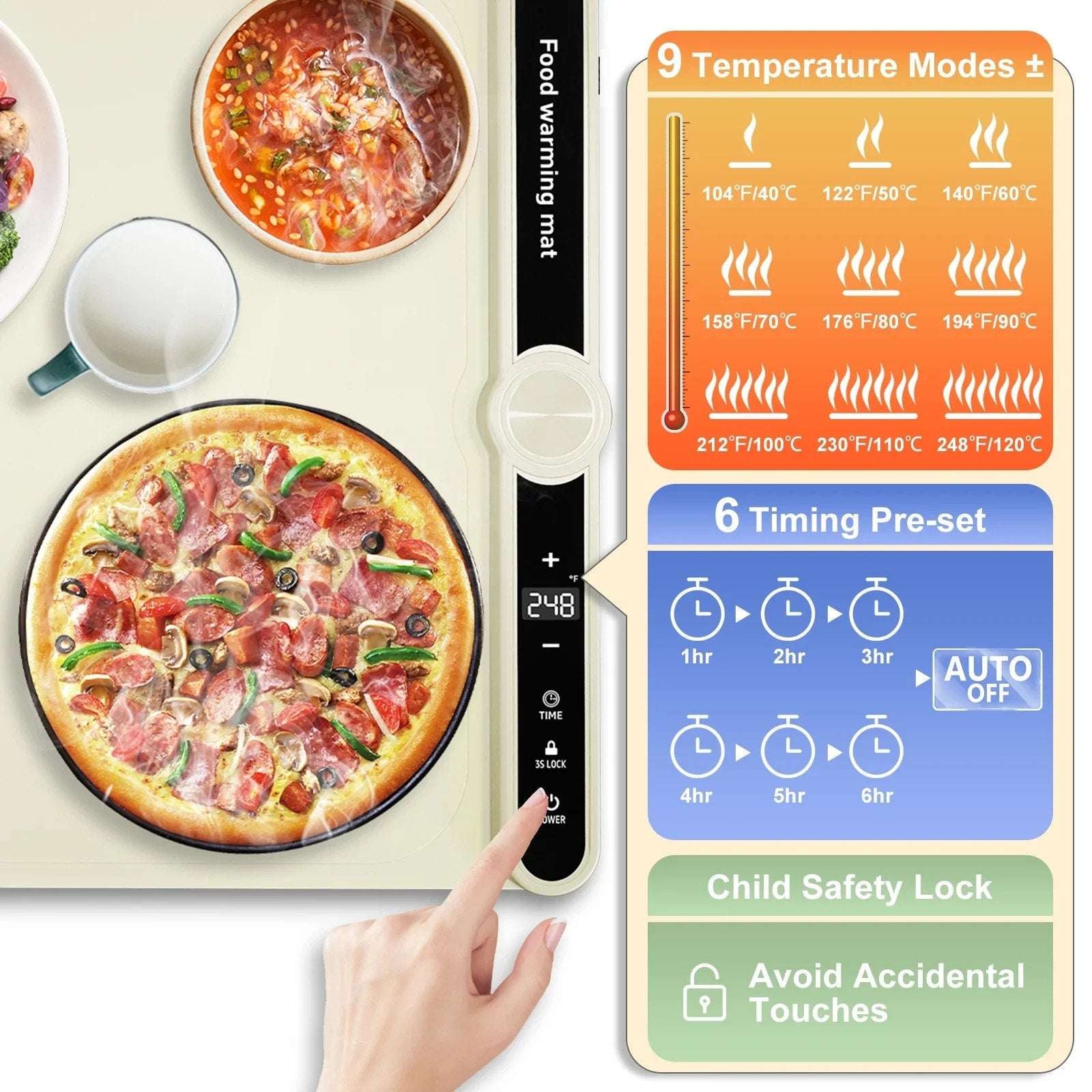 Electric Silicone Food Warming Mat 9 Temp/6 Timer Portable, Rollable, Child-Lock