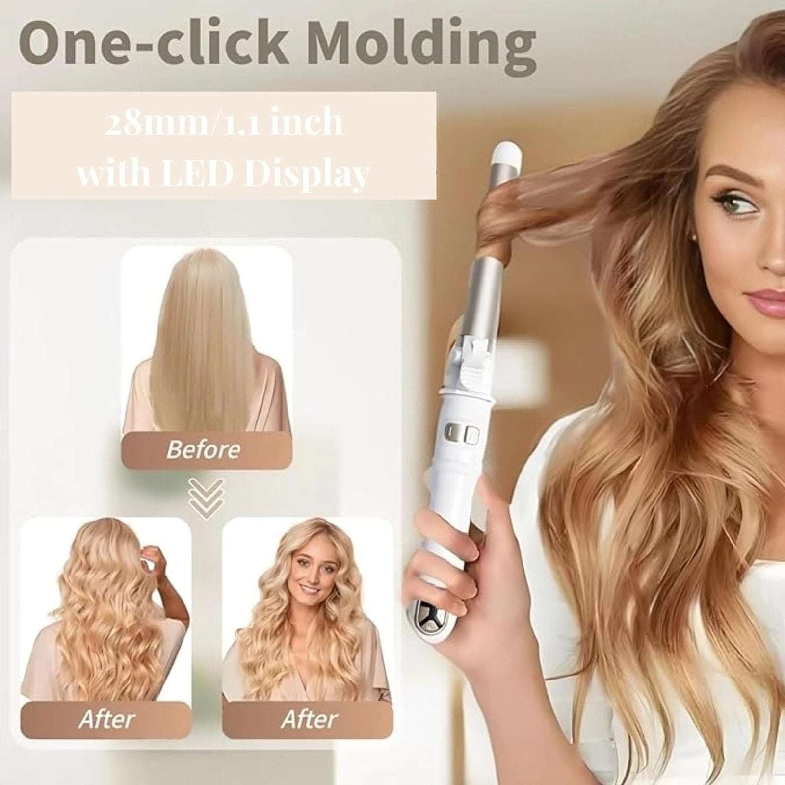 Automatic Rotating Curling Iron 28mm/1.1 Inch Professional Wand Waver White/Gold