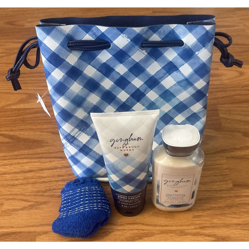 4PC Bath & Body Works Gingham Body Lotion, Cream, Exfoliating Gloves & Bag Set