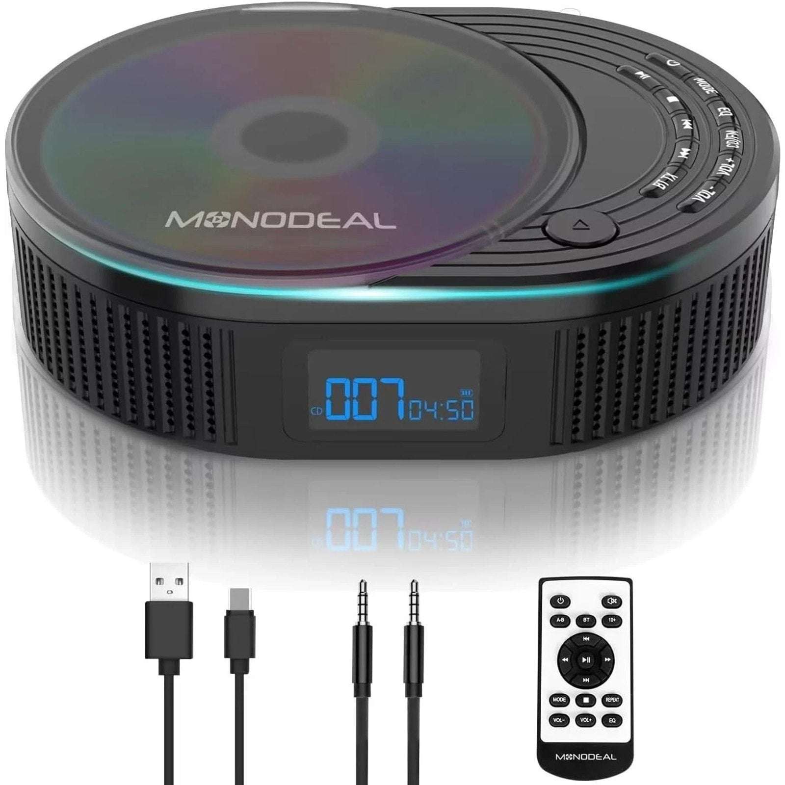 MONODEAL Portable Bluetooth Boombox CD Player, FM Radio, BT Speaker Transmitter