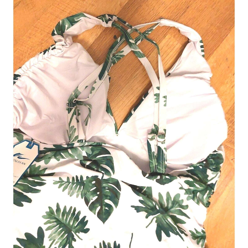 W You Di An Green Palm Leaf Tropical One Piece V-neck Wide Strap Swimsuit 4XL