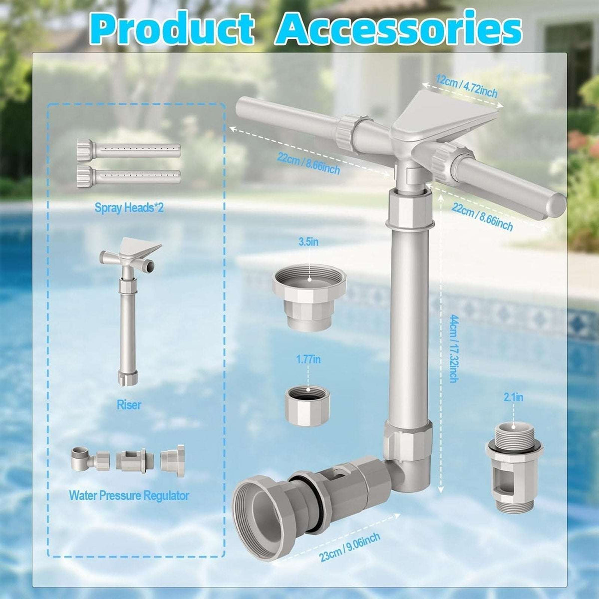 3-Head/2 Mode Pool Waterfall Sprinkler Fountain 360° Adjustable Above/In Ground