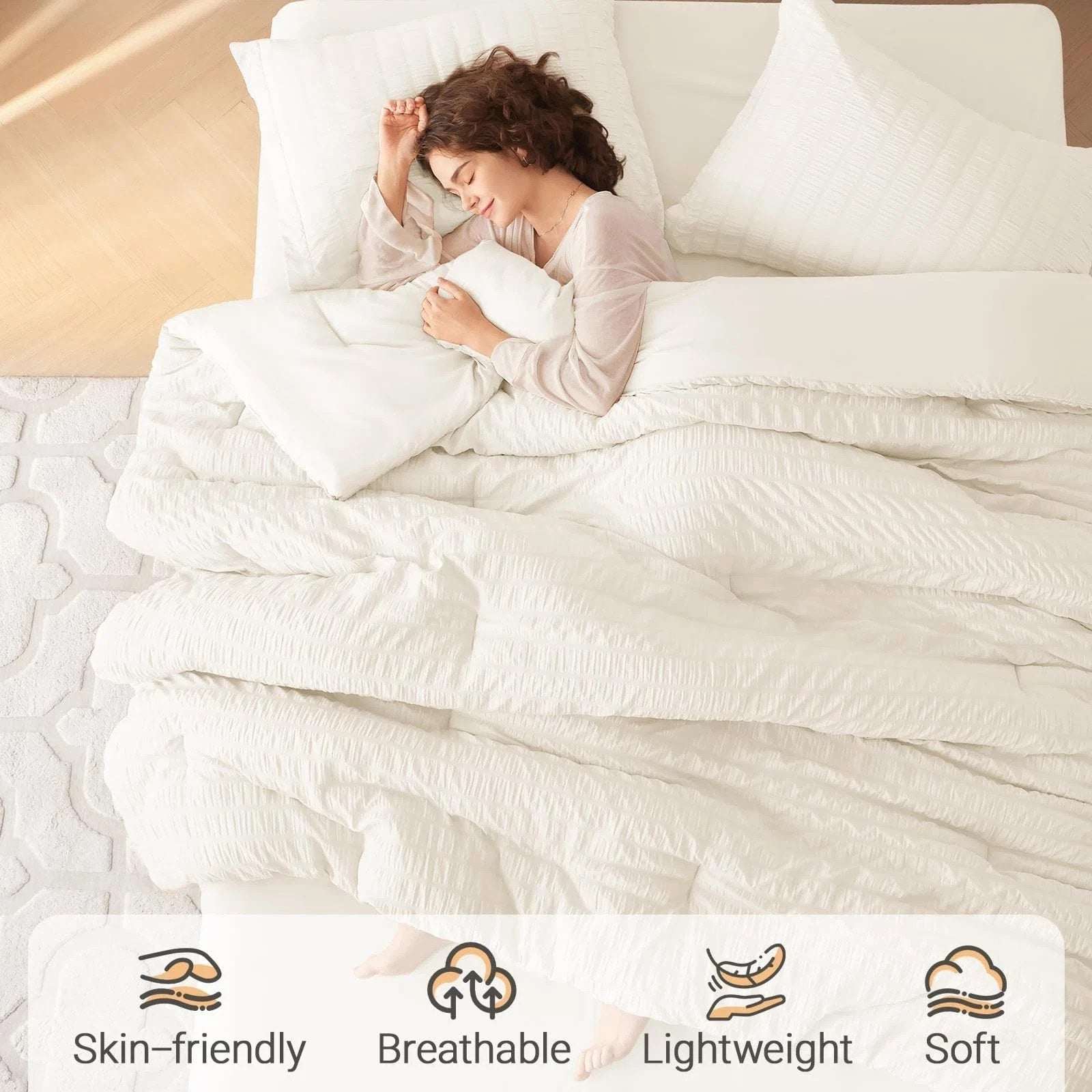 MUXHOMO 7PC Ivory Seersucker Queen Size Comforter & Sheet Set, Bed in a Bag