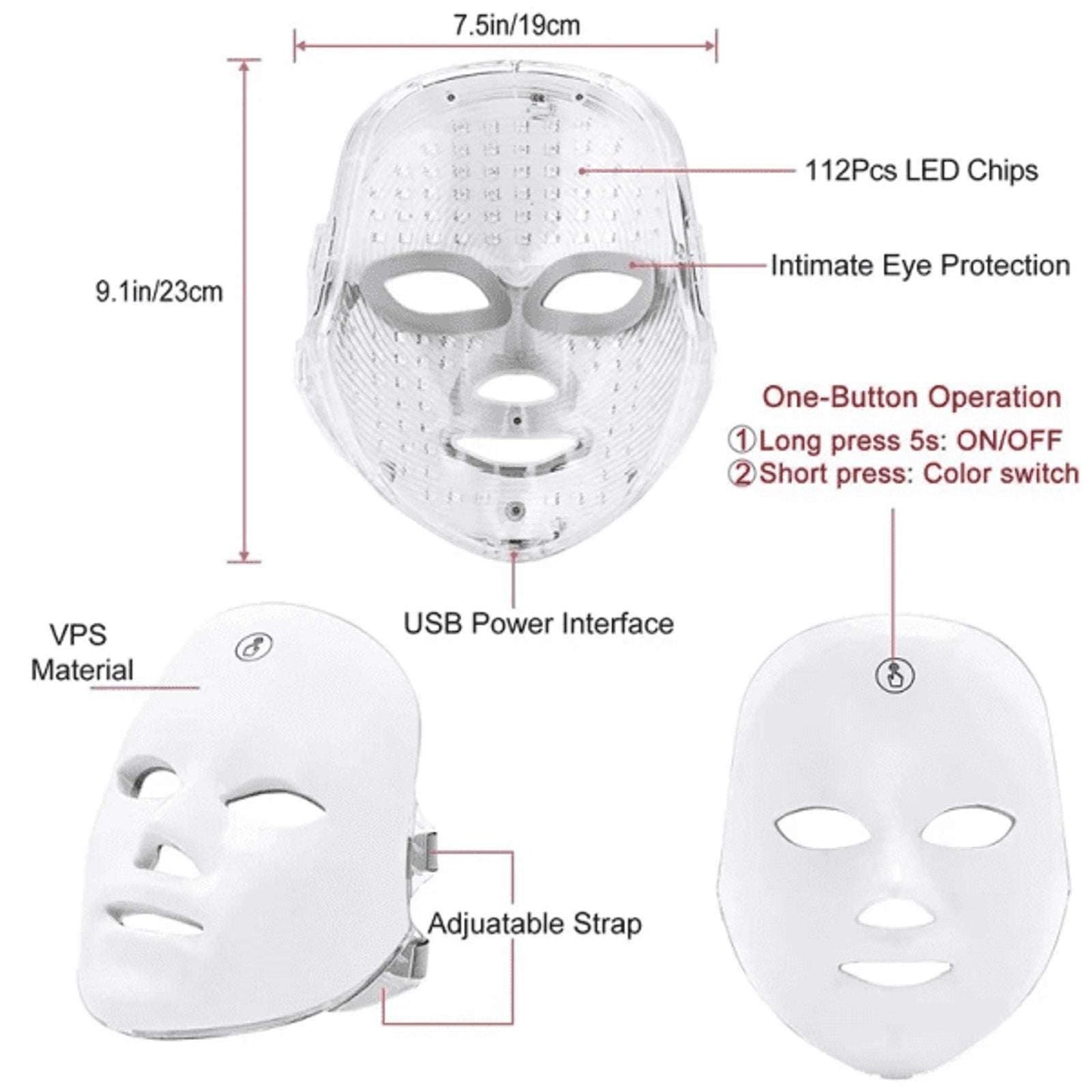 Glokore 7-in-1 LED Wireless Light Therapy Face Mask Device White Open Box New