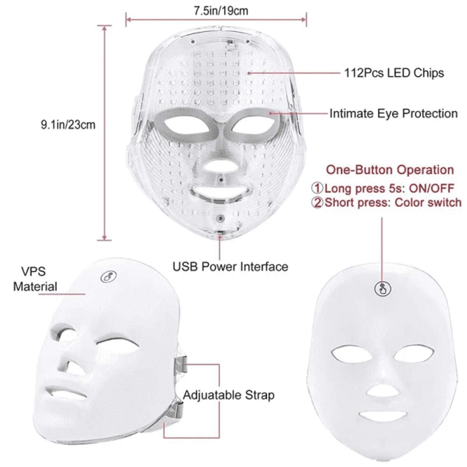 Glokore 7-in-1 LED Wireless Light Therapy Face Mask Device White Open Box New
