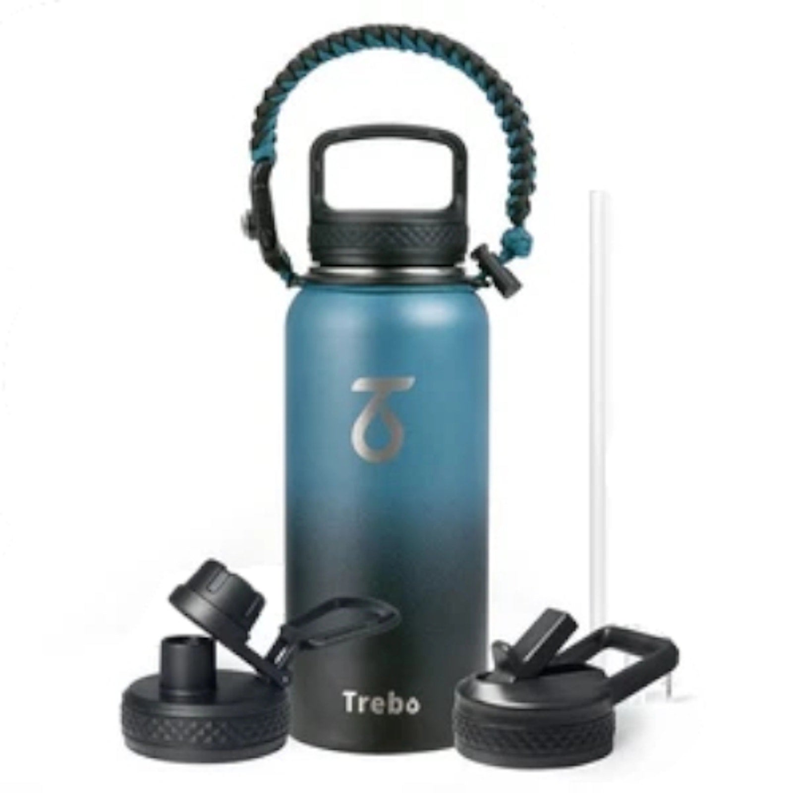 Trebo 32oz Water Bottle Insulated 3 Lids, Paracord, Carabiner, Compass & Whistle