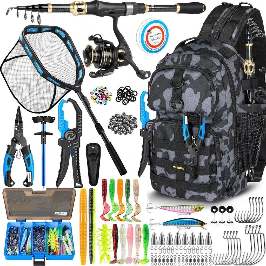 Plusinno Waterproof Fishing Backpack Tackle Bag, Rod, Reel, Net, 111PC Lure Kit+