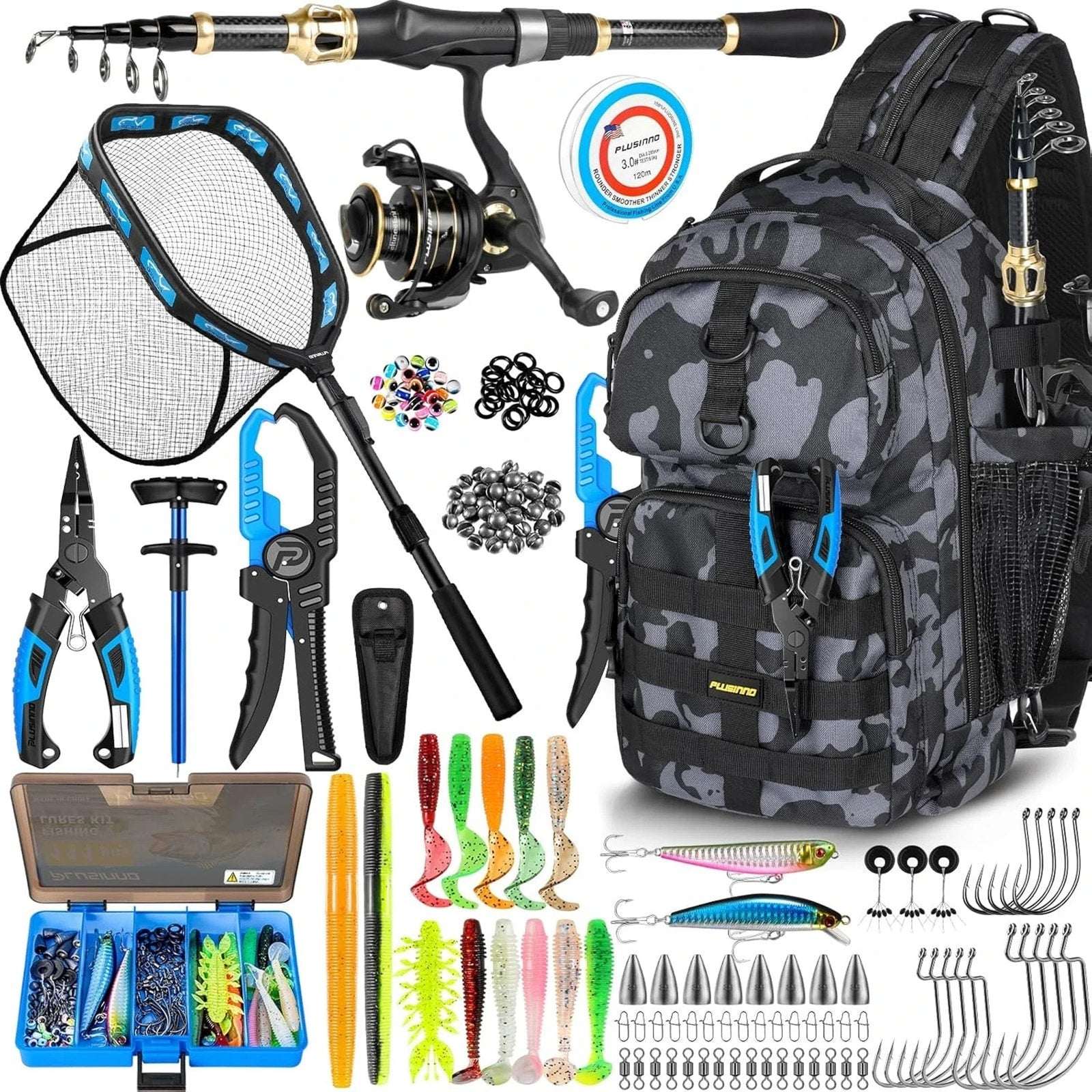 Plusinno Waterproof Fishing Backpack Tackle Bag, Rod, Reel, Net, 111PC Lure Kit+