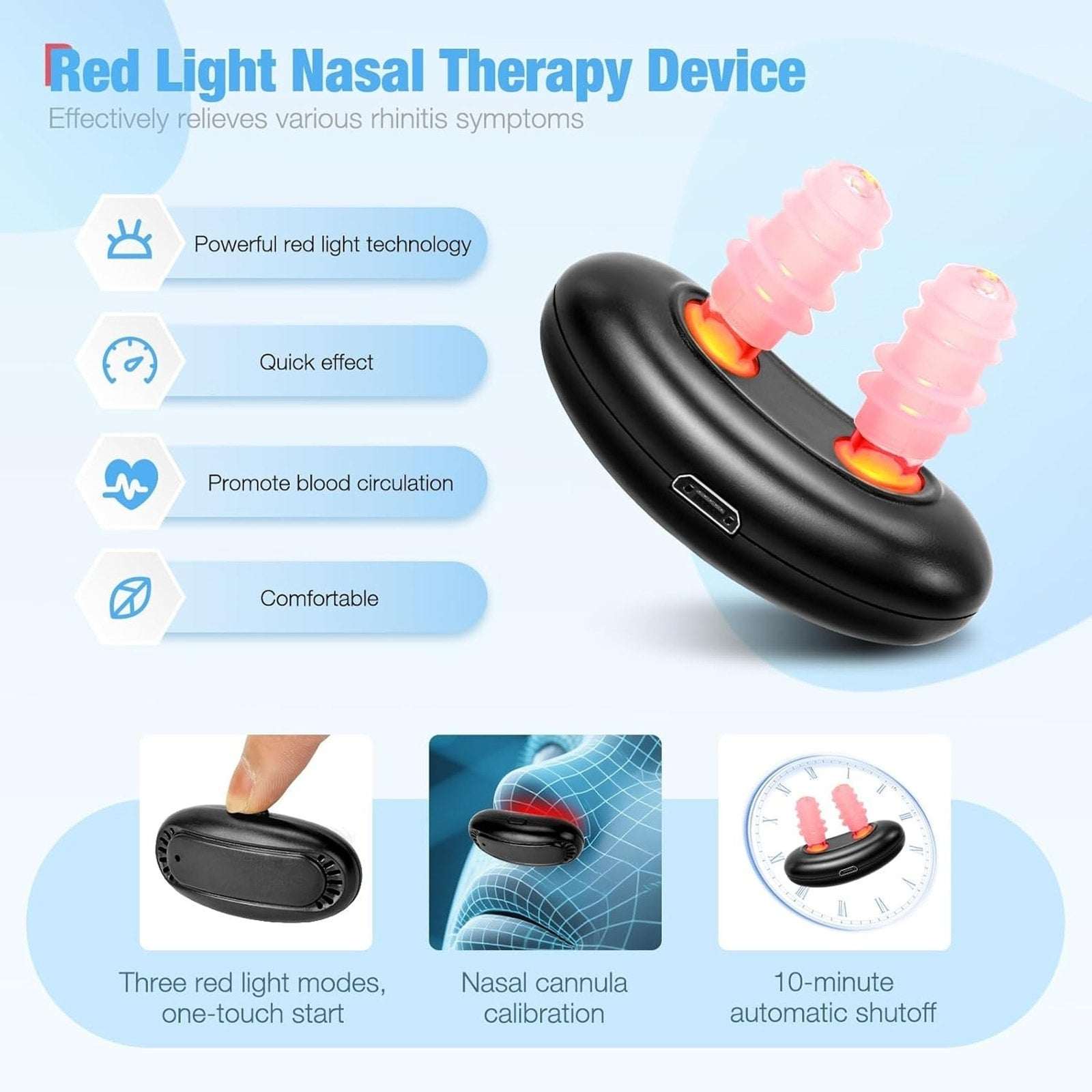 Red Light Nasal Therapy Device, 3 Modes Rechargeable for Dry Nose, Colds & Sinus