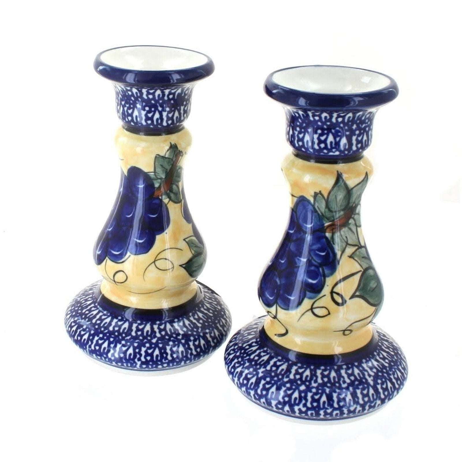 Blue Rose Polish Pottery Boleslawiec 7" Candlestick Pair Blue White Grapes