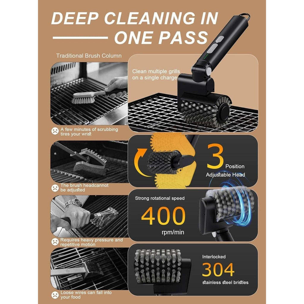 Electric Grill Brush Cordless Rechargeable BBQ Cleaner with 3 Speeds & 3 Heads