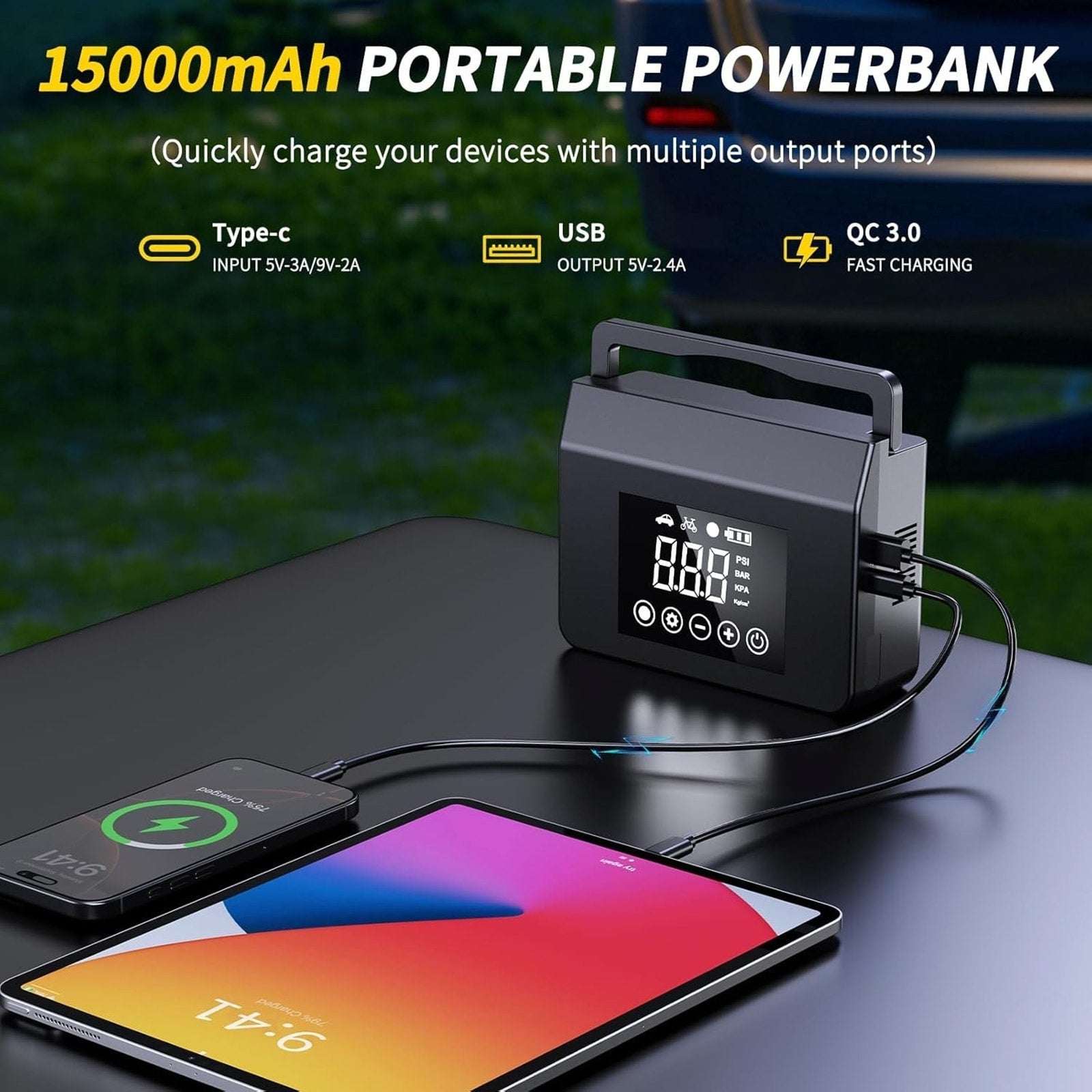 4000A 12V Car Jump Starter, 15000mAh Power Bank, Air Pump & LED Light Gas/Diesel