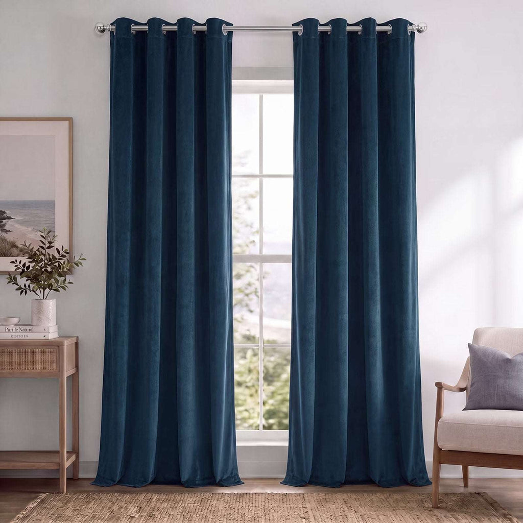 Blue Velvet Curtains 52" W x 84" L 2 Panels, Grommets, Blackout Room Darkening