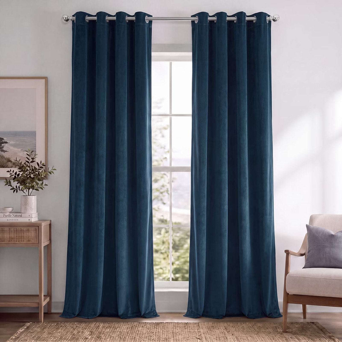 Blue Velvet Curtains 52" W x 84" L 2 Panels, Grommets, Blackout Room Darkening