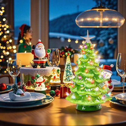 12.2" Ceramic Battery Operated Tabletop Christmas Tree with Multicolored Lights