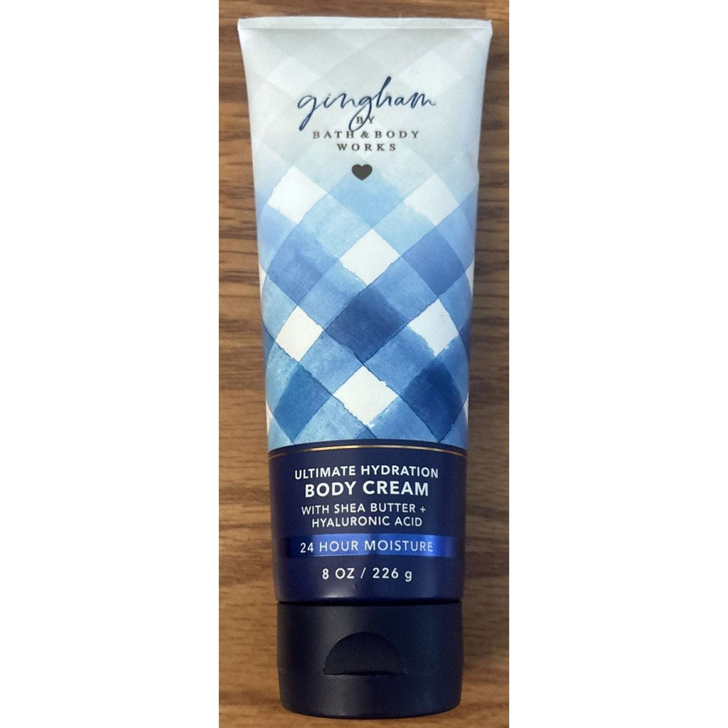 4PC Bath & Body Works Gingham Body Lotion, Cream, Exfoliating Gloves & Bag Set