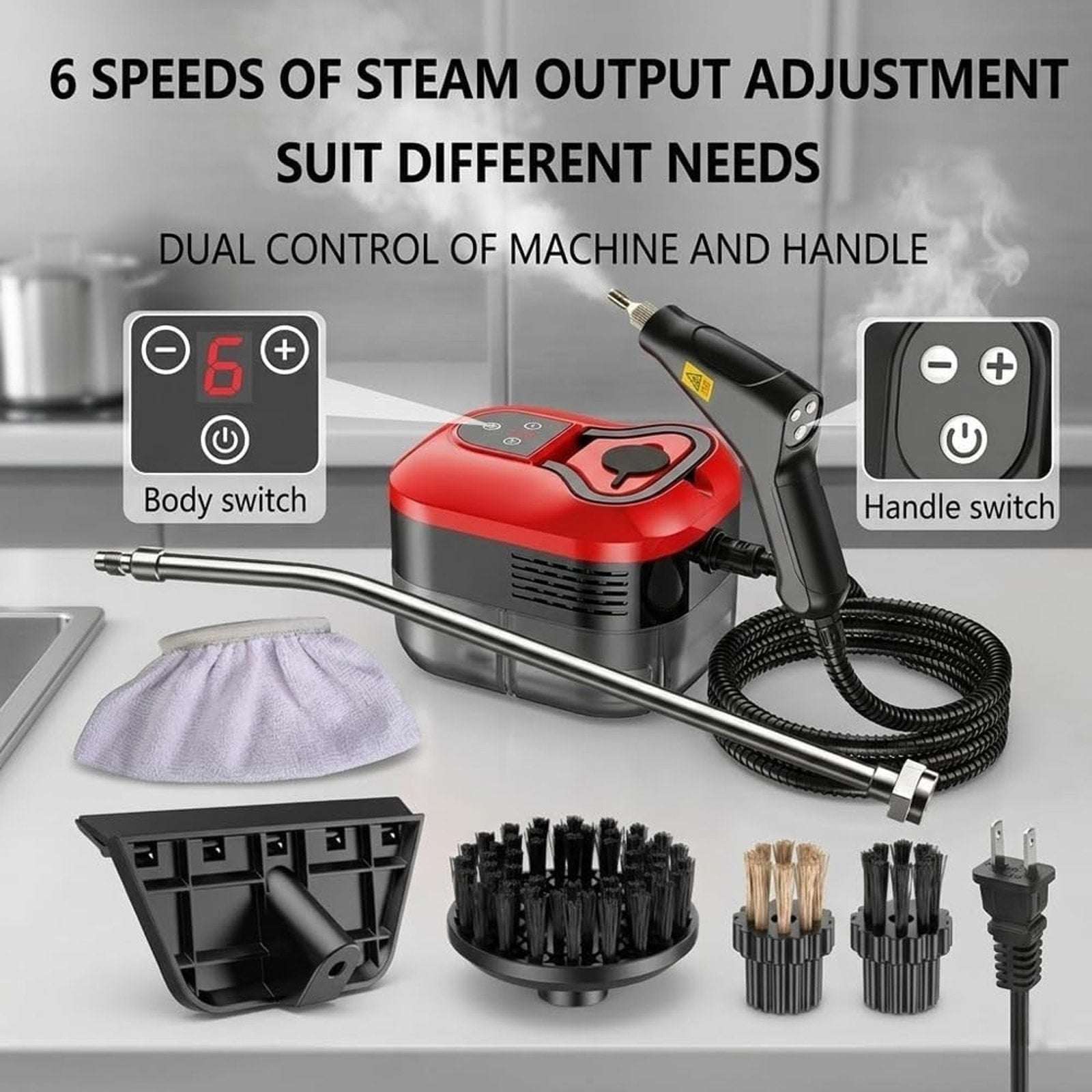 2500W High Temp/Pressure Steam Cleaner, 6 Adjustable Levels, 15s Heat-Up, 1.2L