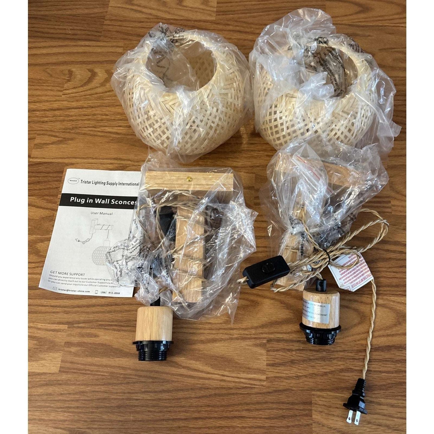 Plug in Wall Sconces Set of 2, Bamboo Hand Woven Rustic Hanging Light Fixtures