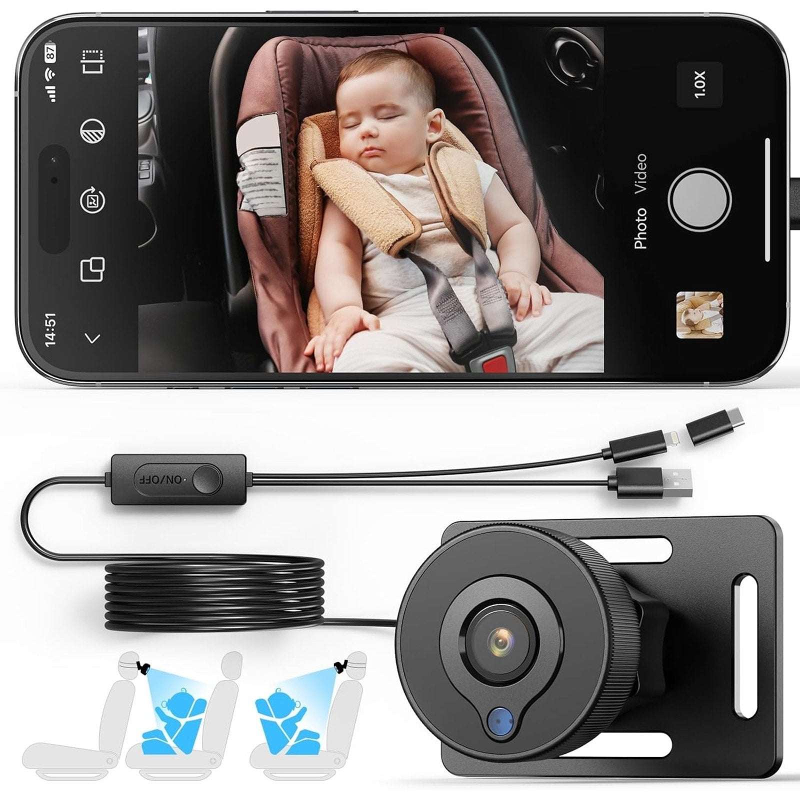 Baby Car Backseat Camera 360° Rotation HD 1080P Night Vision 150° Wide Angle