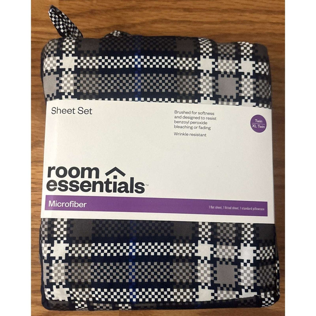 2 x 3PC Sheet Sets + Blanket Room Essentials Blue/Gray Plaid Microfiber Twin XL