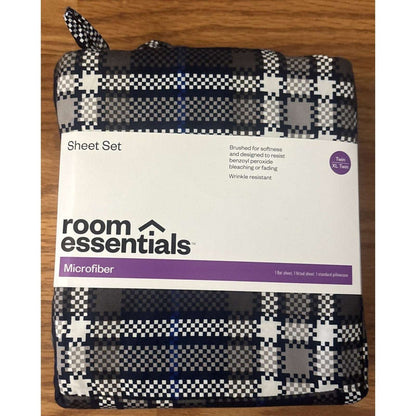 2 x 3PC Sheet Sets + Blanket Room Essentials Blue/Gray Plaid Microfiber Twin XL