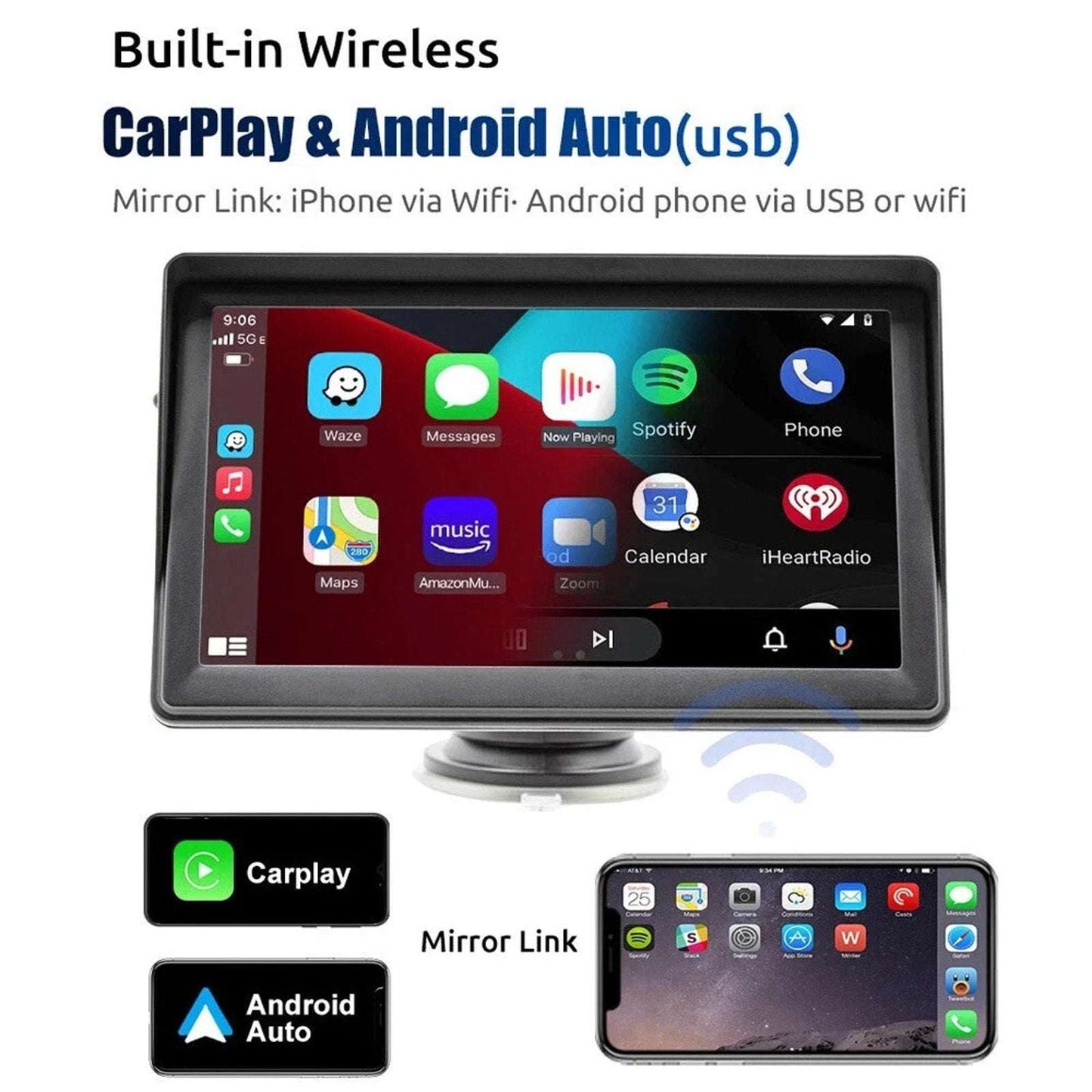 7" Portable Bluetooth Touchscreen Car Stereo Carplay & Android Auto MirrorLink