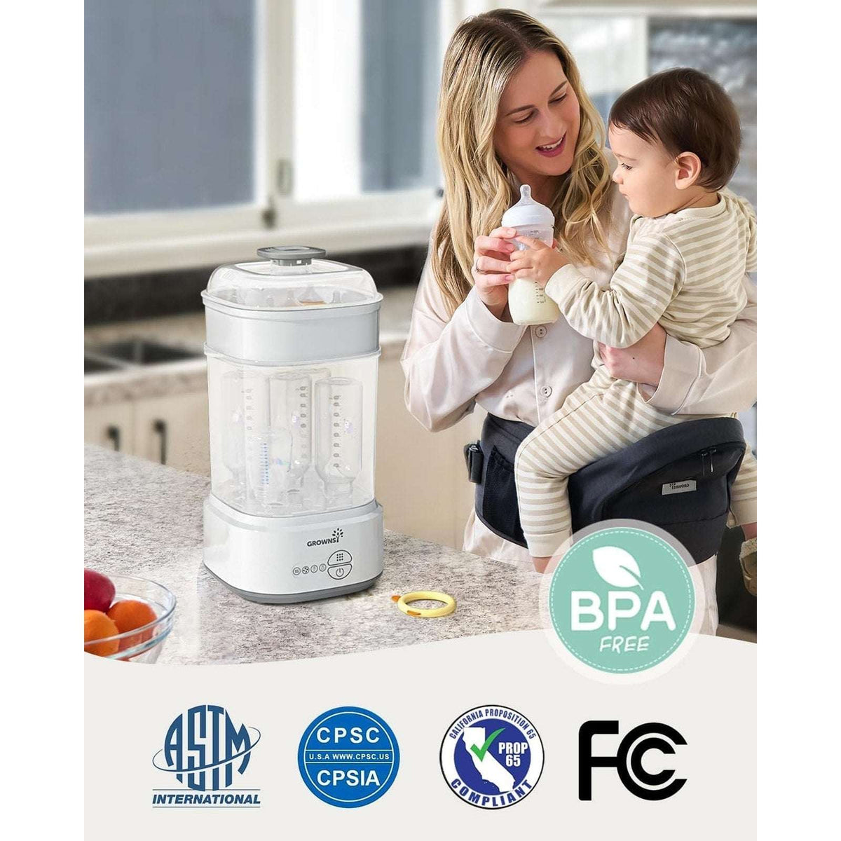 Grownsy Bottle Sterilizer and Dryer Model LS-BE916, Compact Electric Steam Baby