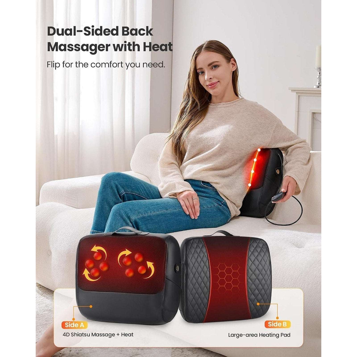 KNQZE 3-in-1 Shiatsu Back Massager Heated Lumbar Support 4D Kneading Deep Tissue