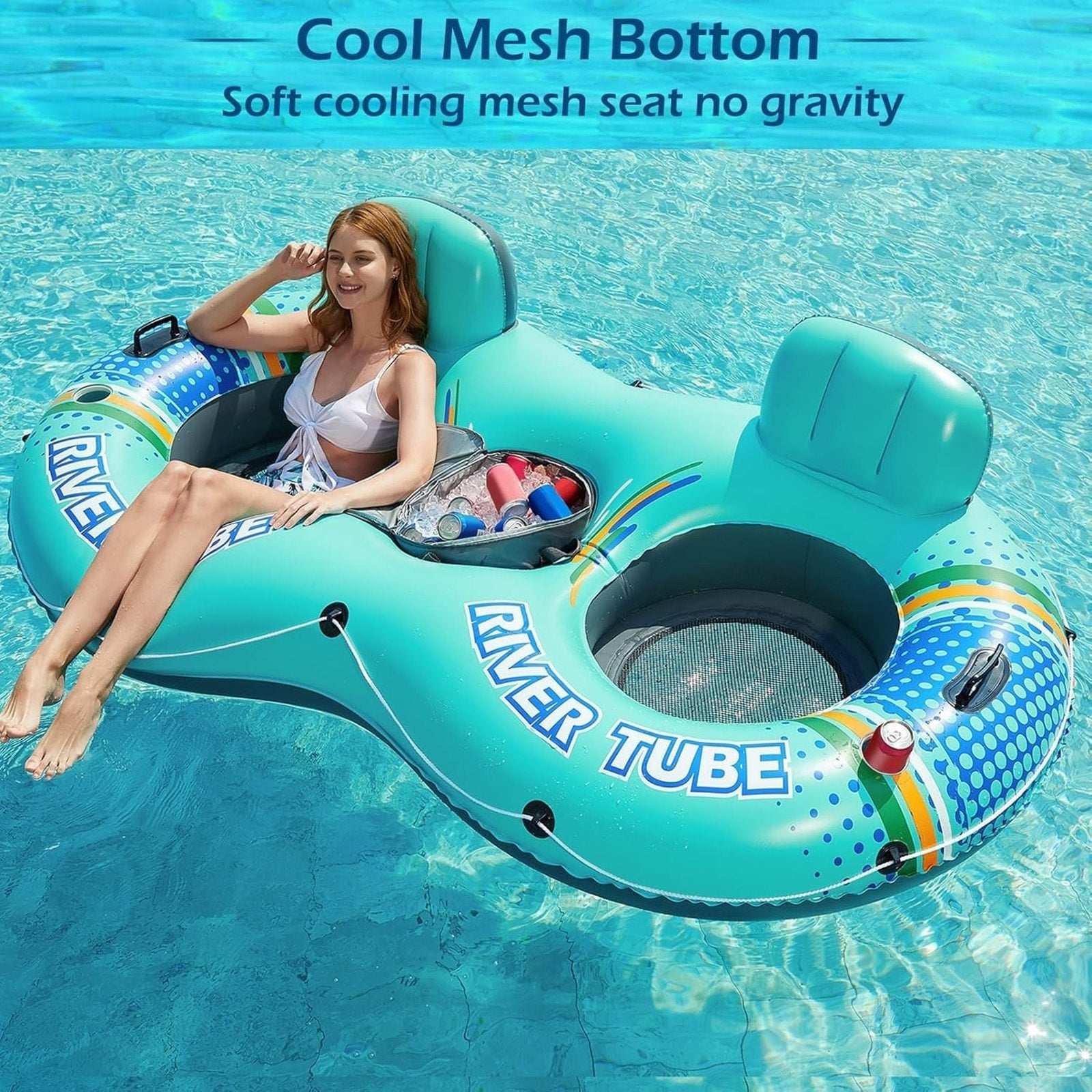 Inflatable 2 Person River Tube Float w/ Cooler Heavy Duty Double Water Pool Lake